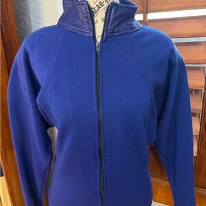 Chic Royal Blue Zip-Up Jacket with Leather Collar